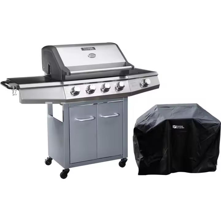 Barbacoa a gas con LED "Bingo 5" - 5 quemadores donde 1 es lateral - 15.2kW + Funda de protección - Plateado - 1