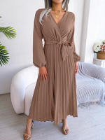 Vestido Largo Elegante Para Mujer Con Cuello En V Manga Larga Pleated Maxi Con Cinturón Estilo Casual De Pierna Larga - details 53