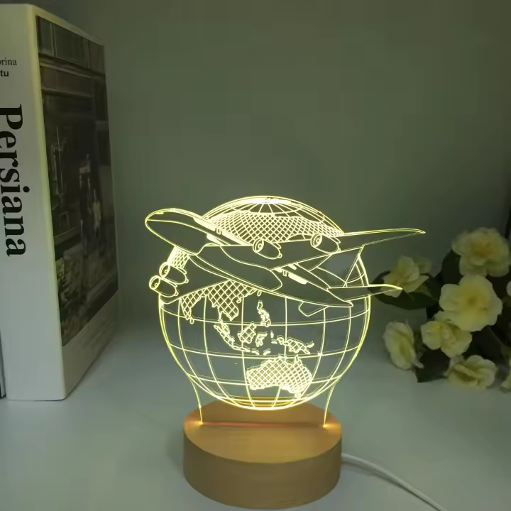 Lámpara De Noche LED 3D De Avión Saliendo De La Tierra Con Base Redonda De Madera Para Decoración De Dormitorio Regalo De Cumpleaños Para Niños Decoración Navideña - 1