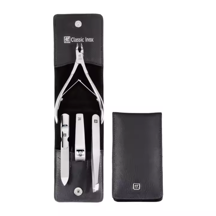 ZWILLING - Estuche Belleza Manicura 4 Piezas, Piel Negra Terciopelo, Cierre Presión, Cortauñas, Cortacutículas, Pinzas, Lima Zafiro - 1