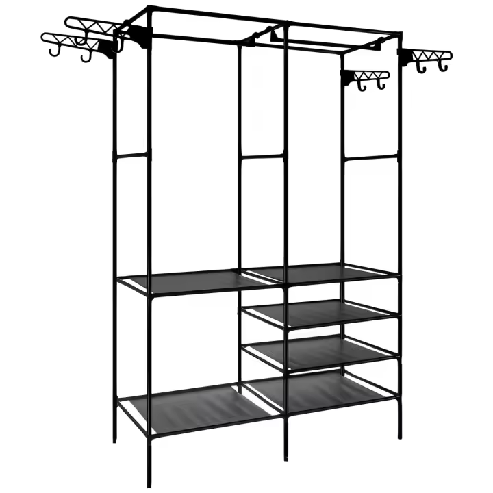 Ruhhy, Perchero Metálico con 2 Estantes – Organizador de Ropa y Zapatos, Estilo Minimalista, Color Negro, Ideal para Dormitorios y Recibidores - 1