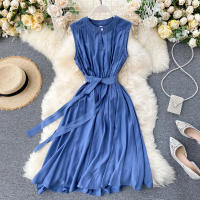 Vestido De Mujer YuooMuoo Estilo Coreano Verano 2025 Casual Sólido Sin Mangas Cinta Bandage Negro Vintage Elegante Vestido Midi O-Neck - details 4