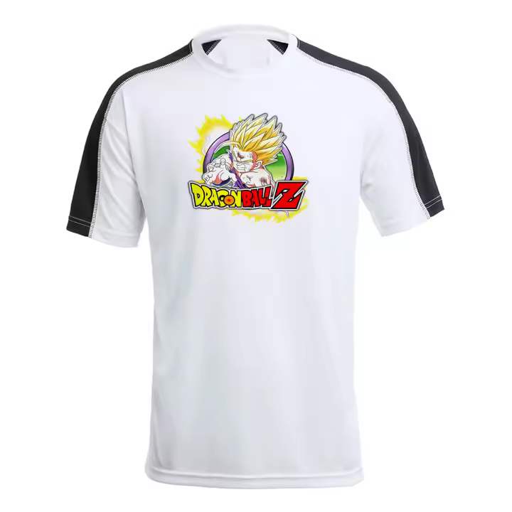MERCHANDMANIA CAMISETA TÉCNICA FRANJA MANGAS NEGRA logo personaje son goanda gohan guerrero z serie peleas tshirt - 1