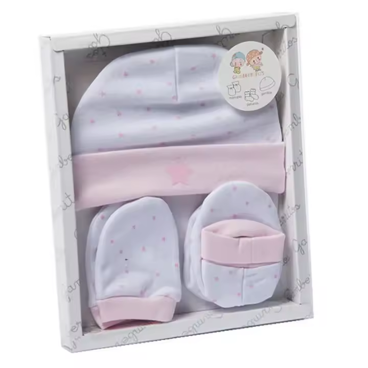 Set Regalo Bebé Primera Puesta 100% Algodón, Rosa, Azul. Caja Conjunto Bebé 3 Piezas, Recién Nacido, Gorrito, Manoplas, Patucos. 0-3 meses - 1