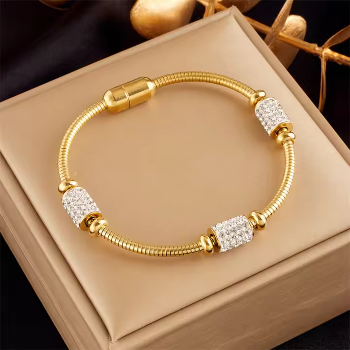 Pulsera De Acero Inoxide 316L With Zirconia Dorada Para Mujeres Y Niñas Cierre Magnético Cadena De Serpiente Joyería Fashion - 1