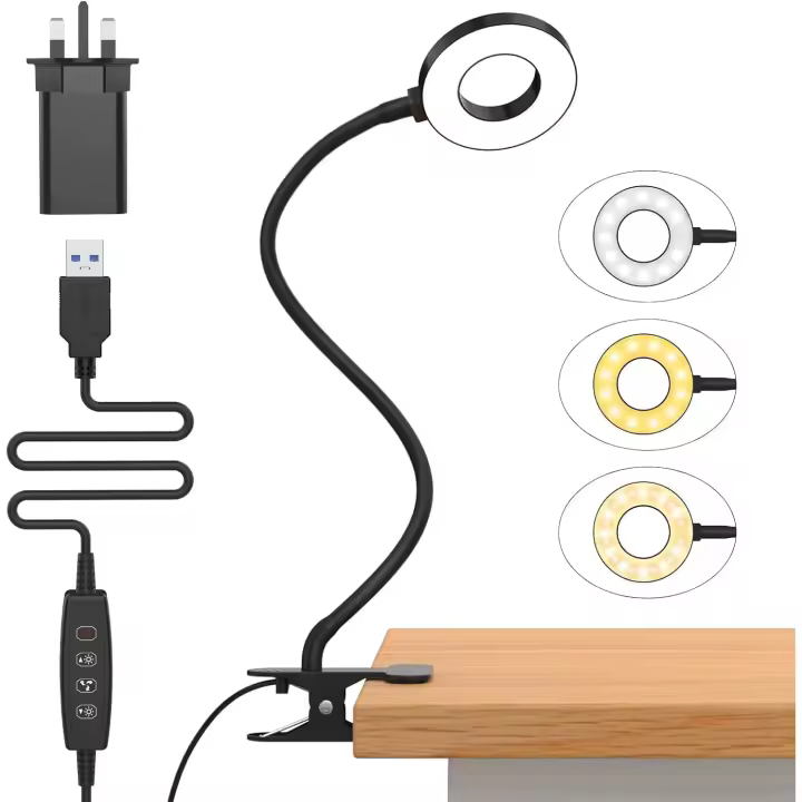 Lámpara de escritorio con adaptador USB, luz de abrazadera con clip que cuida la vista, anillo de luz flexible de 40 cm con cuello de cisne para juegos, videoconferencias y lectura. - 1