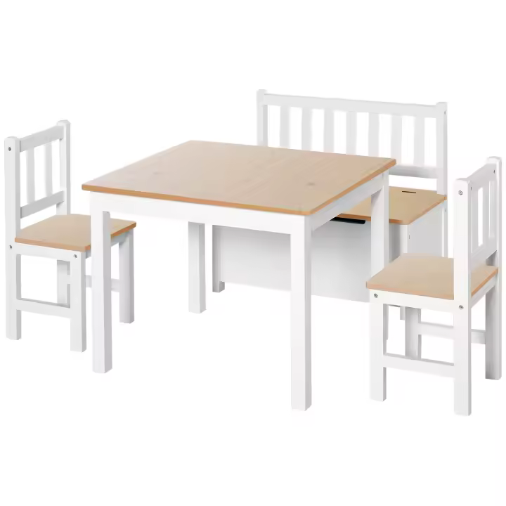 HOMCOM Conjunto de Mesa 2 Sillas y Banco para Niños de Madera con Espacio de Almacenamiento Muebles Infantiles para Sala de Juegos Habitación de Niños - 1