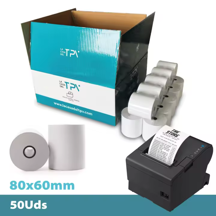 Papel Térmico 80x60 mm - 50 Rollos Papel Impresora Térmica y TPV - Papel para Tickets - Compatible Impresora, Caja Registradora y Básculas - Sin Bisfenol A - 60 Gr - 45 Metros/Rollo - La Casa del TPV - 1