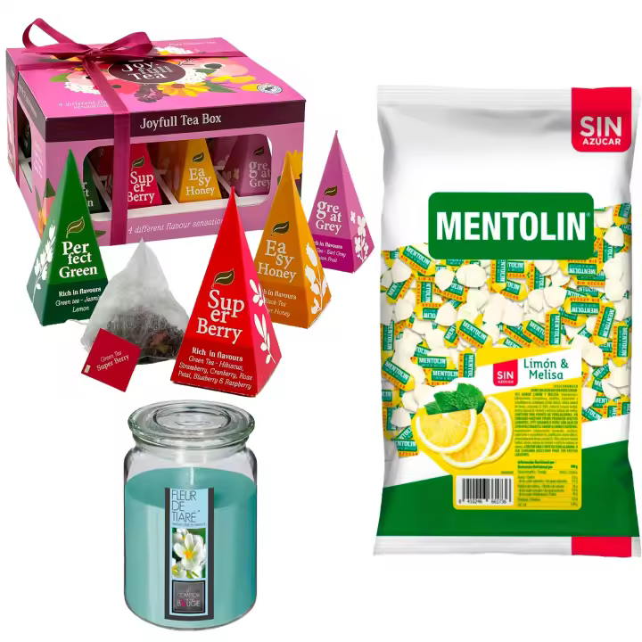 Pack surtido: MENTOLIN LIMON MELISA S/A BOLSA 1KG + WELL HOME - Vela con flor tiare + WELL HOME - Caja de Té Joyfull con variedad de sabores - 1