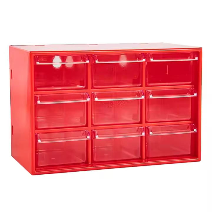 Tradineur - Organizador multiusos de plástico, 9 cajones, clasificador apilable, tornillos, tuercas, botones, piezas pequeñas, bricolaje, fabricado en España (Rojo - 18,5 x 10 x 12 cm) - 1
