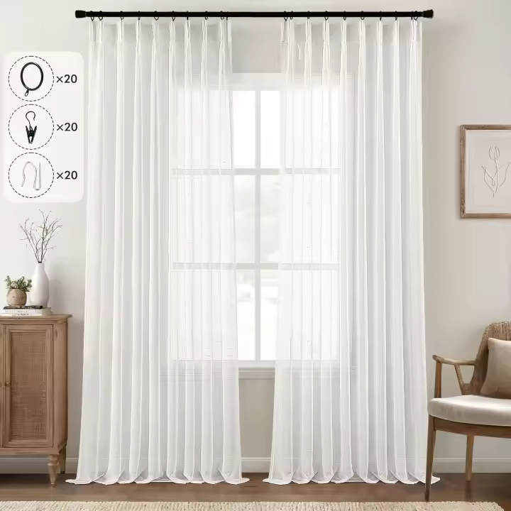 MIULEE Visillos Cortinas Translucida Efecto Lino Cortinas Plisadas con Ganchos para Sistema de Riel, Solapa Trasera para Barra, Salón Ventana Habitación Dormitorio,2 Piezas,132X225CM, Lino Blanco - 1