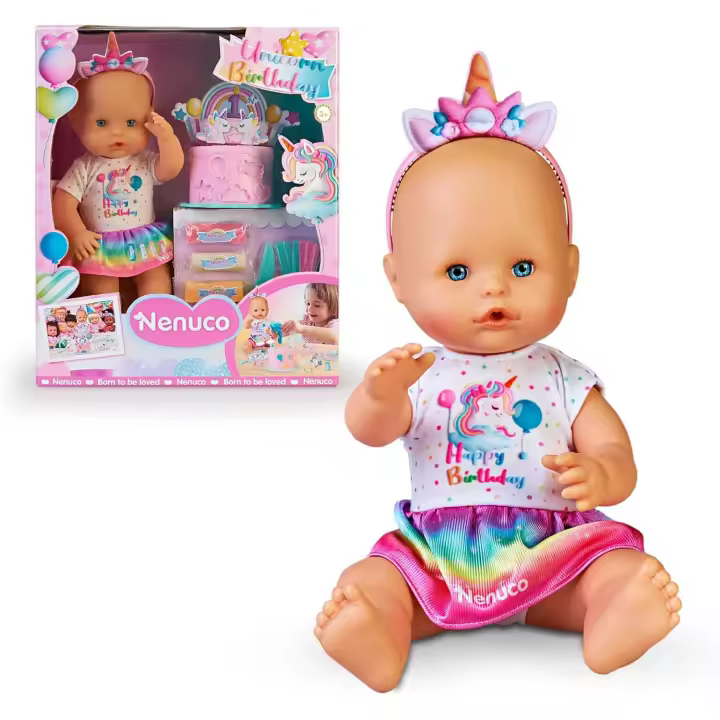 Nenuco - Muñeco bebé Cumple de Unicornio con Accesorios para Fiestas de cumpleaños, Incluye Tarta Personalizable con plastilina, Velas, Dibujos y Pegatinas, para niños de 3 años, Famosa (NFN77000) - 1