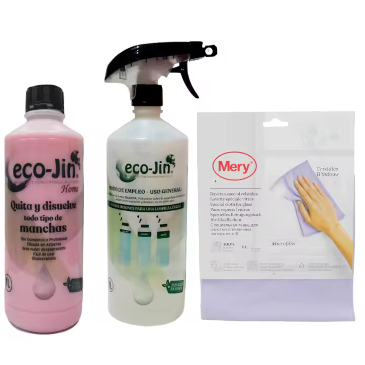Ecojin 1 Litro con Aroma a Elegir + Bayeta Especial Cristales Mery – Limpiador Multiusos Sin Tóxicos: Quitamanchas, Desengrasante, Apto para Todas las Superficies. Limpieza Profunda que No Daña la Salud. Ecojin Original de Laboncler - 1