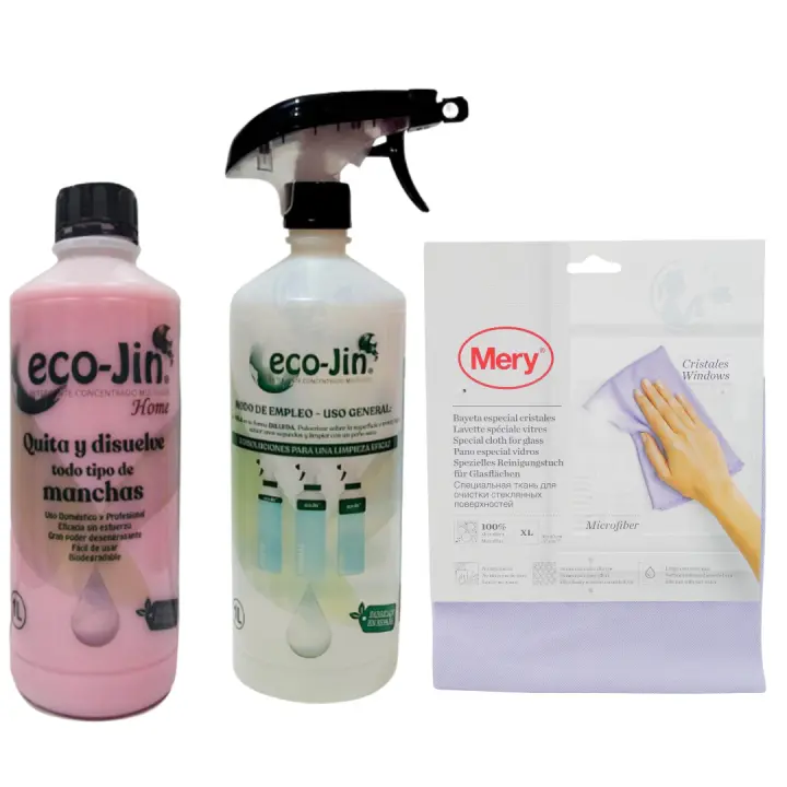 Ecojin 1 Litro con Aroma a Elegir + Bayeta Especial Cristales Mery  Limpiador Multiusos Sin Tóxicos: Quitamanchas, Desengrasante, Apto para Todas las Superficies. Limpieza Profunda que No Daña la Salud. Ecojin Original de Laboncler - 1