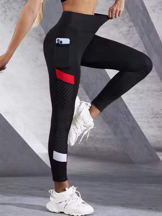 Leggings De Yoga Para Mujer Con Banda Alta Y Bolsillos Lado Colorblock Malla Control De Abdomen Leggings Modelantes Para Ejercicio - 1