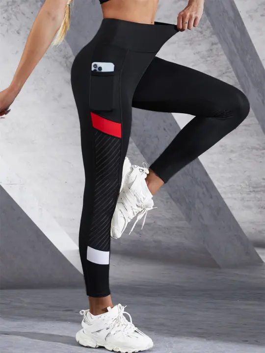 Leggings De Yoga Para Mujer Con Banda Alta Y Bolsillos Lado Colorblock Malla Control De Abdomen Leggings Modelantes Para Ejercicio - 1