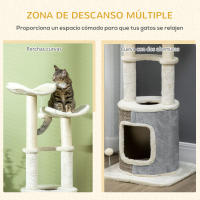 PawHut Árbol Rascador para Gatos Torre para Gatos Altura 110 cm con Caseta de Felpa Plataformas Postes de Sisal y Pelotas de Juguete 48x48x110 cm Crema y Gris - details 4