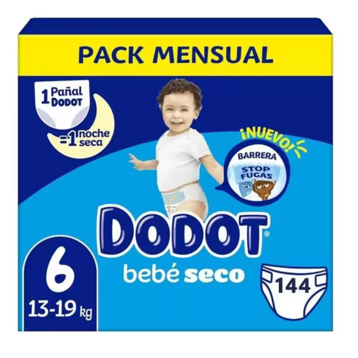Dodot Pañales Bebé-Seco Talla 6 (13-19kg) - 144 Pañales con Protección Antifugas, Pack Mensual - 3 x 48 Pañales. - 1
