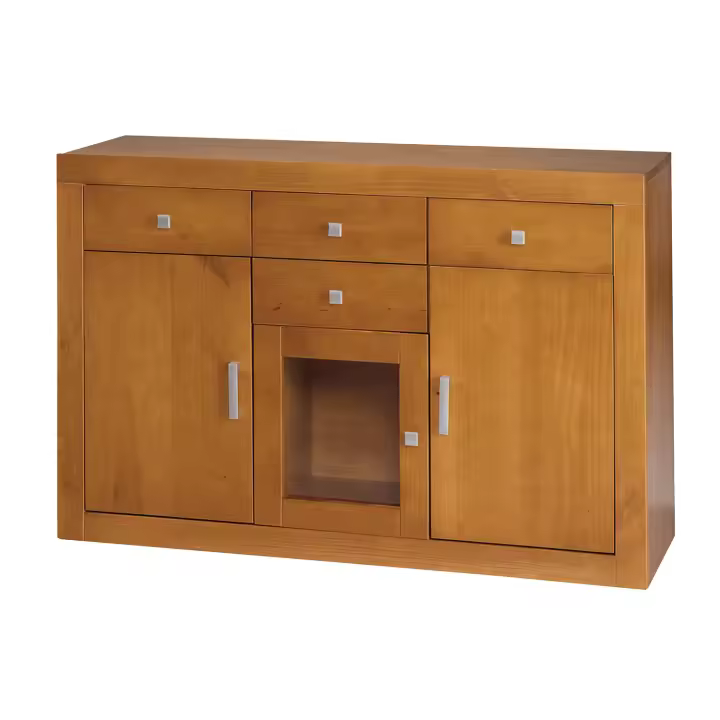 APARADOR 3 Puertas, 4 CAJONES Medida 86X130X42.(Alto/Ancho/Fondo) Madera Pino Maciza. Color Cerezo Claro. - 1