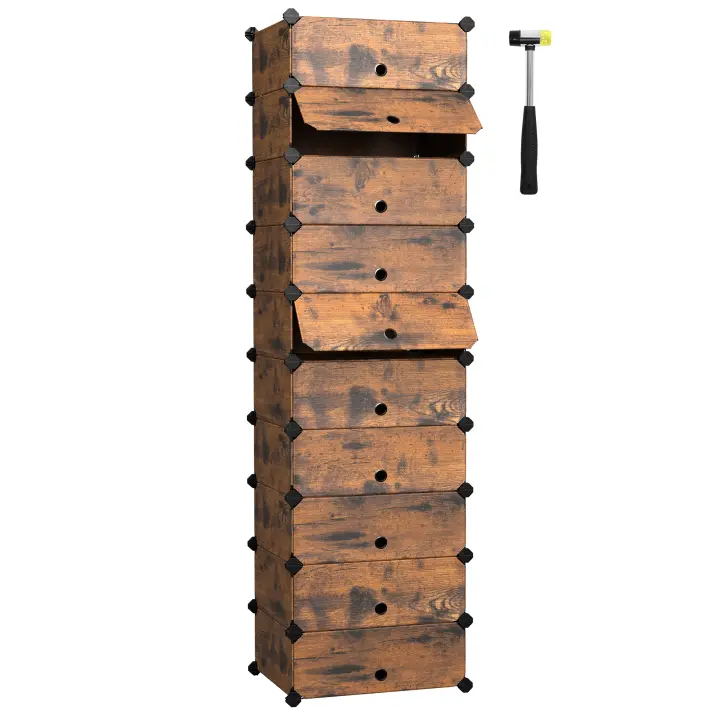 SONGMICS Muebles para Zapatos con 10 Compartimentos, Estante Modular de plástico, Caja de Almacenamiento para Zapatos, con Puerta y mazo, Gris/Negro/Marrón Rústico - 1