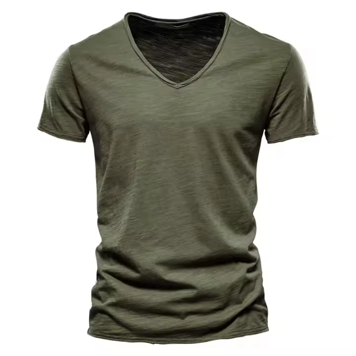 Camiseta De Algodón 100% Para Hombre Con Cuello En V Y Manga Corta Diseño Moda Ajustada Top Masculino Transpirable Ligera Y Absorbedora De Humedad - 1