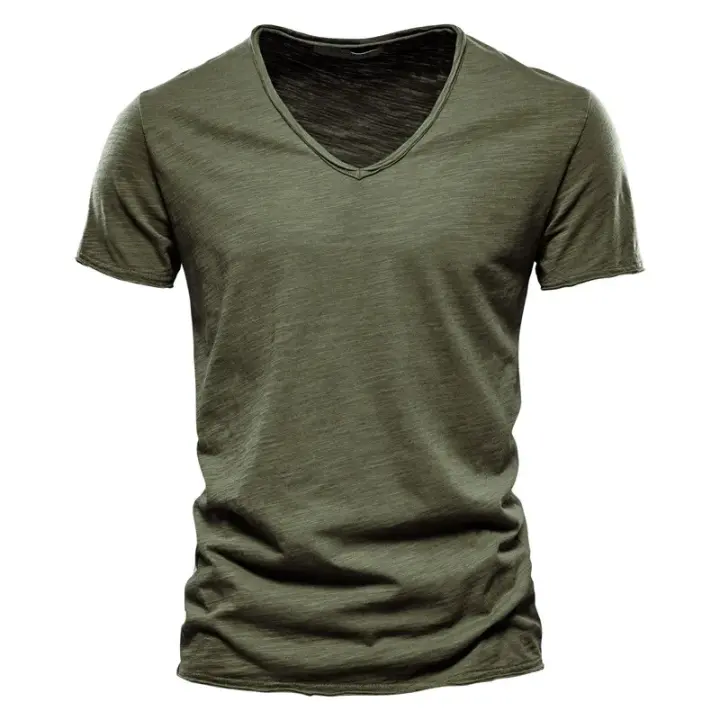 Camiseta De Algodón 100% Para Hombre Con Cuello En V Y Manga Corta Diseño Moda Ajustada Top Masculino Transpirable Ligera Y Absorbedora De Humedad - 1