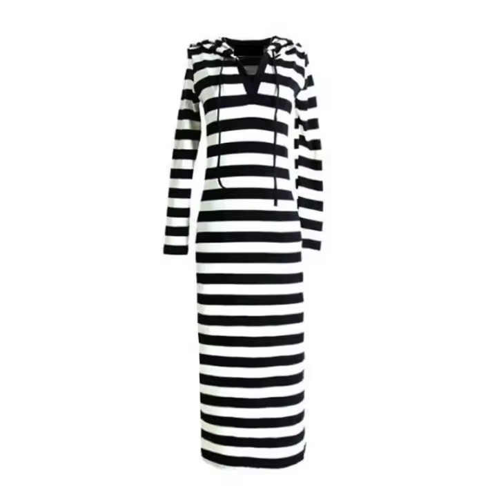 Suéter De Pecho Abierto Para Mujer Con Capucha Estampado De Rayas Manga Larga Vestido Casual De Otoño Longitud Media Pierna Suéter De Poliéster - 1