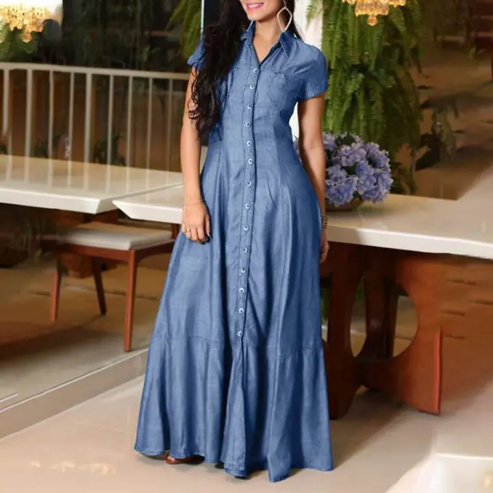 Camisa De Pato Nuevo 2023 Moda Vestido Largo Elegante Y Casual Con Bolsillos Cuello Polo Botones Sencillos A-Line Para Mujer - 1