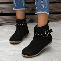 Botines De Otoño Para Mujer Zapatos Planos Botas De Tobillo Retro En Cuero Suelto Con Borlas Punta Redonda Suave Casual - details 27