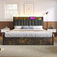 Cama tapizada Cama de metal Cama de matrimonio controlada por App LED con Carga Función de carga USB Cabecero e iluminación LED, Cama de metal 140x200 cm Somier de láminas de Madera, gris (con colchón) - details 0