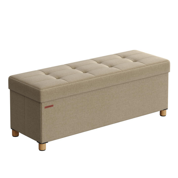 SONGMICS Puff Almacenaje, Baúl Plegable con Patas, 38 x 110 x 40 cm, Banco de Pie de Cama, Banco Almacenaje, Soporta hasta 300 kg, para Sala de Estar, Dormitorio, Entrada, Blanco Crema/ Marrón Camello