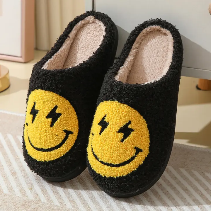 Zapatillas De Invierno Para Mujer Con Estampado De Leopardo Y Cara Sonriente De Relámpago Cubiertas De Pelo Felpudo Antideslizantes Para Parejas Zapatos Planos De Interior Color Rosa Blanco Azul Ligero Negro - 1