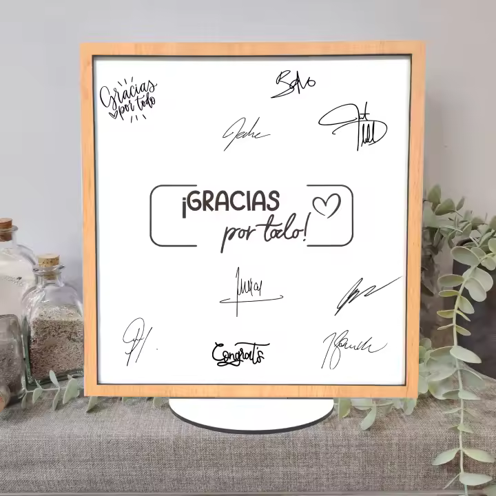 Tarjeta de agradecimiento madera | Gracias por todo amigos, profesores, pareja, compañeros de trabajo, Jubilación | Regalo original libro firmas en madera | Tarjeta con soporte | Regalo original | Lulamuk - 1