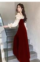 Vestido De Noche Elegante Para Mujer Con Volantes Y Patchwork Manga Larga Hombro Descubierto A-line Con Abertura Alta Vestido De Boda Y Fiesta - details 7