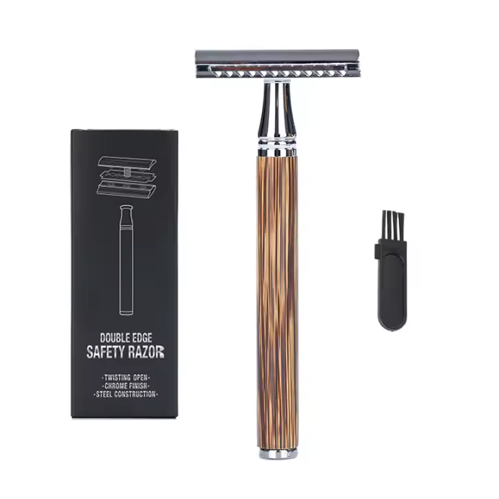 Manual de seguridad para hombres con mango de bambú Cabeza de afeitar Doble Orilla Y 5 Hojas de Cuchillo Clásico para Cabello y Barba - 1