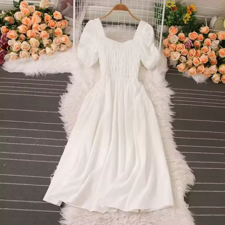 Vestido Elegante Para Mujer Verano 2024 Manga Suelta Vintage Fiesta Moda Coreana Vestidos A-Line Cuello Cuadrado Midi Sin Capucha - 1