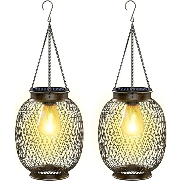 Linterna solar para exteriores, resistente al agua IP65 | 2 piezas | Luz solar de metal para jardín | Lámpara solar colgante para jardín | - 1