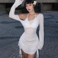 Vestido De Playa De Verano 2025 Para Mujer Estilo Picante Diagonal Hombro Largo Manga Flare Vestido De Vacaciones Sexy & Club - details 4