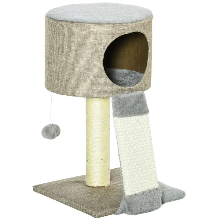 PawHut Árbol Rascador para Gatos Pequeño Altura 50 cm Torre Escalador de Gato con Cueva Rampa Poste Rascador de Sisal Natural y Bola Colgante 30x30x50 cm Beige Oscuro - 1
