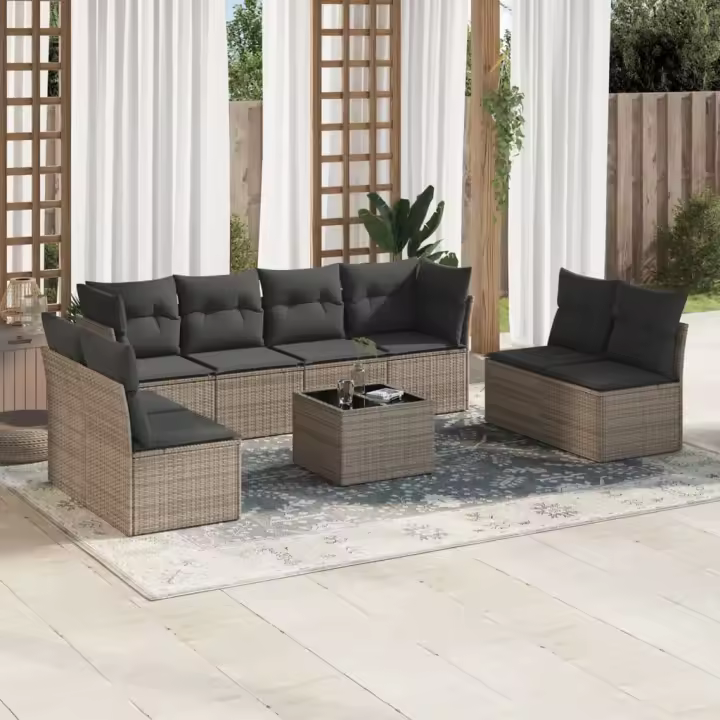 vidaXL Set de muebles de jardín 9 pzas y cojines ratán sintético gris - 1