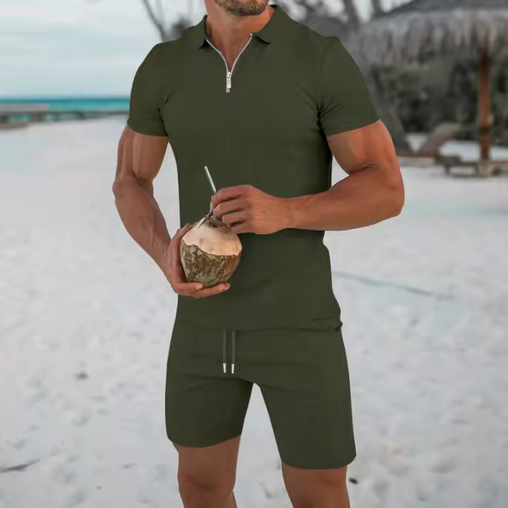 Traje Casual Para Hombre Verano European Y American Con Camisa De Encaje Sólido Y Pantalones Cortos Estilo Libre Con Cuello Redondo - 1