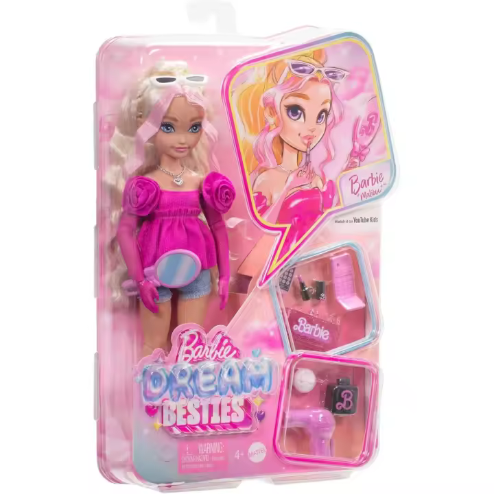 Barbie Dream Besties Malibú, Muñeca rubia con pelo ondulado, shorts vaqueros y blusa rosa, secador, espejo, pintalabios y accesorios de moda, juguete regalo para niños y niñas +3 años (Mattel HYC21) - 1
