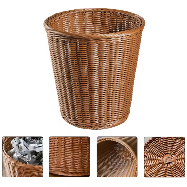 Cesta De Papel Poubelle Tejida Estilo Rotan Sin Tapa Para El Hogar Caja De Basura Tejida Artificialmente En Color Natural - 1