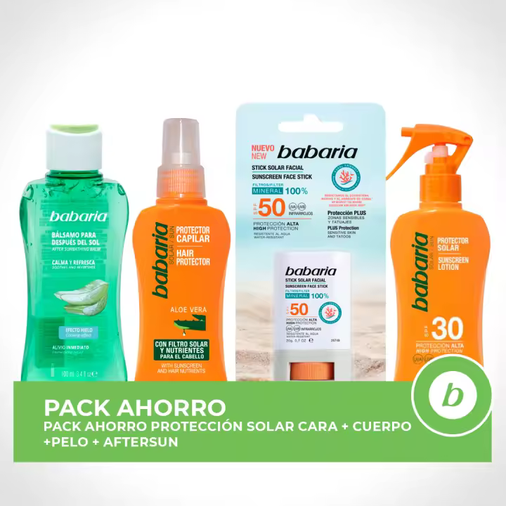 BABARIA Pack ahorro protección solar - Contiene Stick Facial SPF50 + Spray Protector Aloe SPF30 200ml + After Sun Bálsamo Efecto Hielo Aloe 100ml + Protector Capilar Aloe 100ml - 1