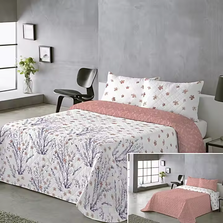 Colcha Doble Cara Primaveral Rosa Melocotón - Estampado Botánico con Tallos Lavanda y Flores en Relieve｜Tallos Lavanda Cama 90, 105, 135 y 150 , Incluye 1-2 Fundas de Almohada Botánicas ,Poliéster Suave Antipilling y Secado Rápido - 1