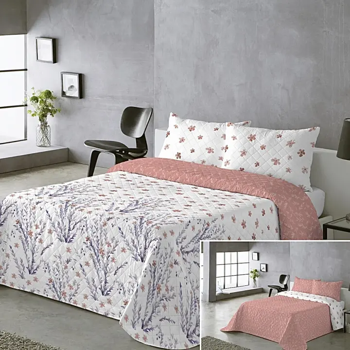 Colcha Doble Cara Primaveral Rosa Melocotón - Estampado Botánico con Tallos Lavanda y Flores en Relieve｜Tallos Lavanda Cama 90, 105, 135 y 150 , Incluye 1-2 Fundas de Almohada Botánicas ,Poliéster Suave Antipilling y Secado Rápido - 1