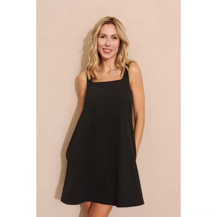 VESTIDO CORTO NEGRO SUSAN - Vestido Corto Negro, Cuello Cuadrado, Liso, Vintage, Elegante, Cómodo, Fluido, Poliester, Polyester, Rayon, Chinlon, Primavera Verano para Mujer - 1