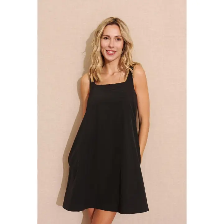 VESTIDO CORTO NEGRO SUSAN - Vestido Corto Negro, Cuello Cuadrado, Liso, Vintage, Elegante, Cómodo, Fluido, Poliester, Polyester, Rayon, Chinlon, Primavera Verano para Mujer - 1