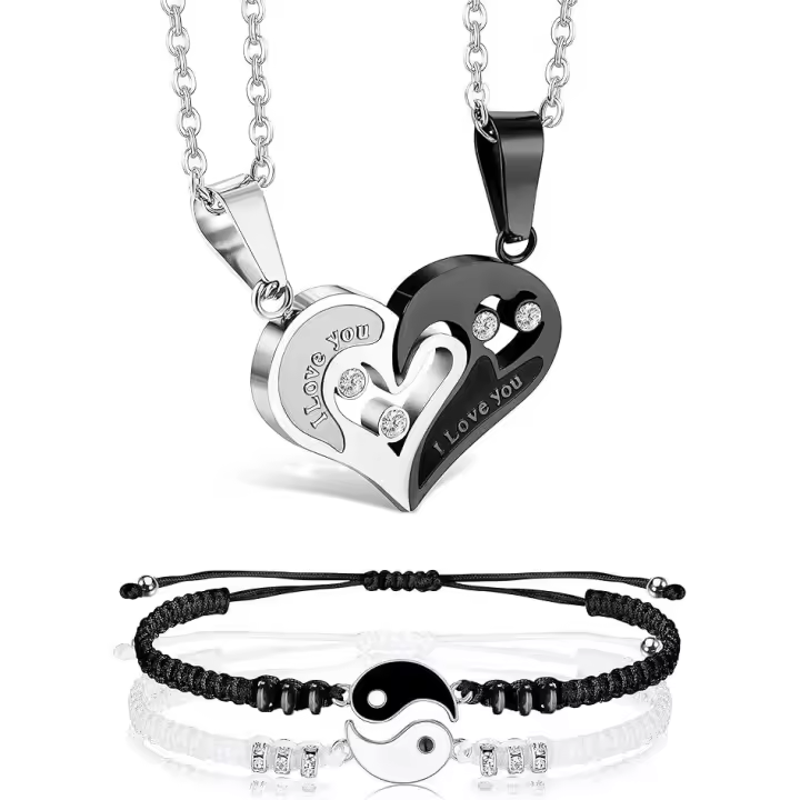 Collar y Pulsera para Parejas o mejores Amigos Te Amo para Parejas Collares Joyas Collar de Corazón y Pulsera Yinyang Gift - 1