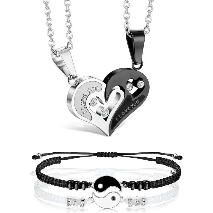 Collar y Pulsera para Parejas o mejores Amigos Te Amo para Parejas Collares Joyas Collar de Corazón y Pulsera Yinyang Gift - 1